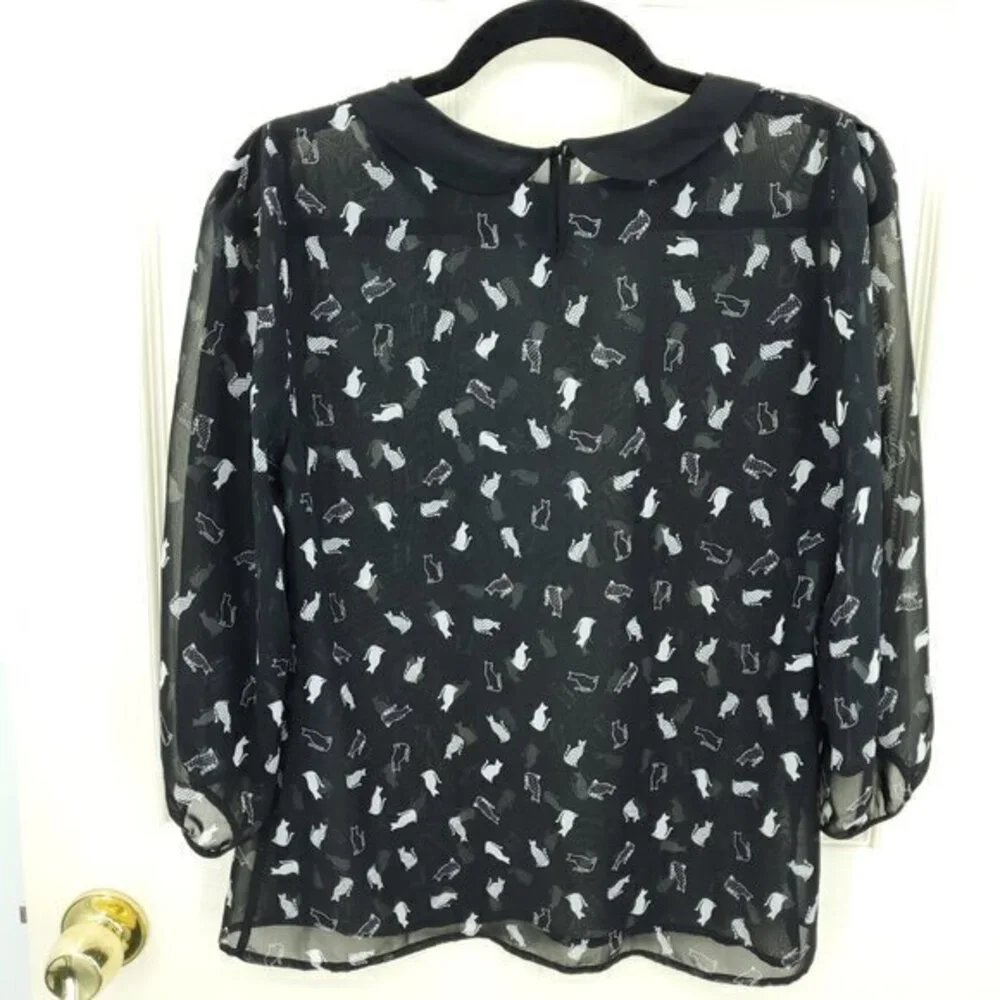 Marks & Spencer Sheer Cat-Print Peter Pan Collar Blouse Black US 8 Halloween - Picture 2 of 16